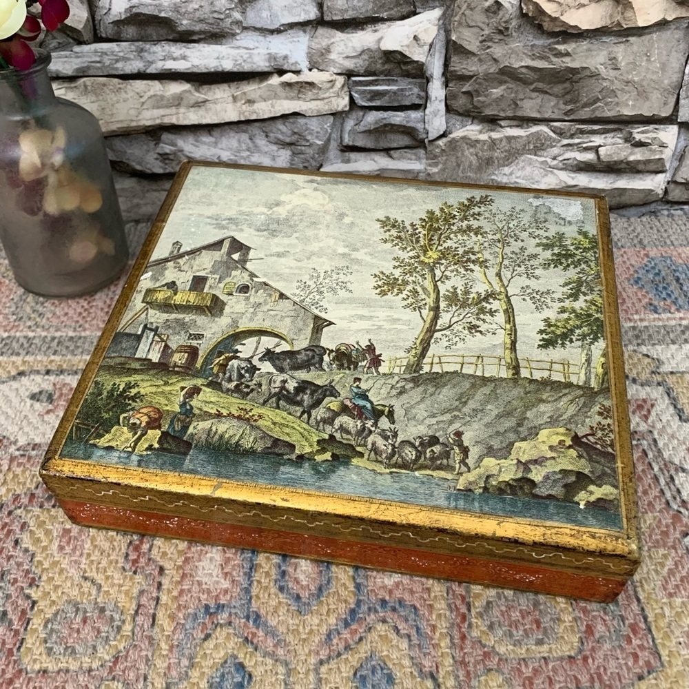#09 Vintage Italian Florentine Marco Ricci Print Florentia Gilt Wood Jewelry Box